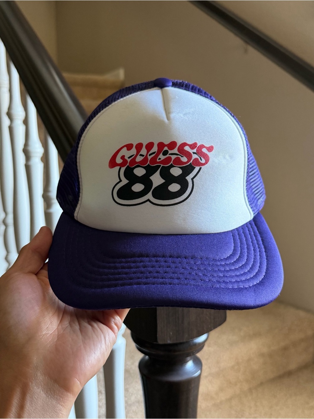 GUESS Purple, White and Red '88' Trucker Hat (NEW)